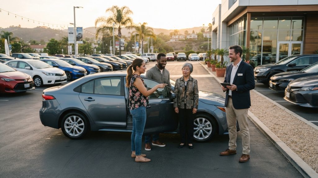 California shoppers comparing a used vehicle at a dealership before new 2026 buyer rules take effect
