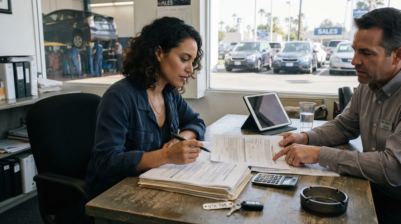 California used car dealership paperwork and vehicle inspection, realistic editorial photography, no logos or readable text. ALT California used car buyer reviewing dealership paperwork before signing