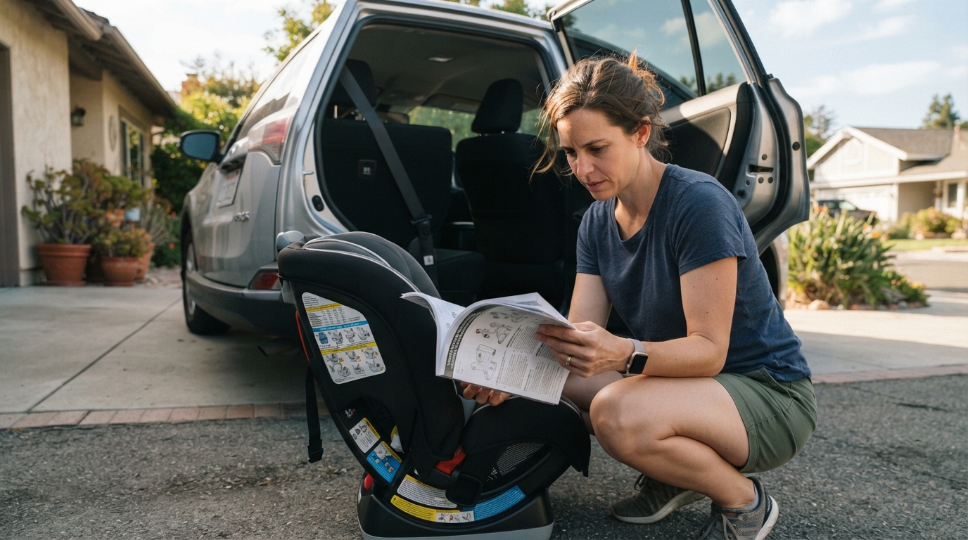 Caregiver checking child car seat labels and installation instructions beside a family vehicle