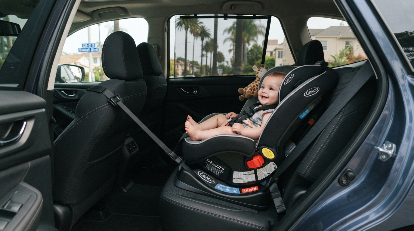 Properly installed child car seat inside a family vehicle in California