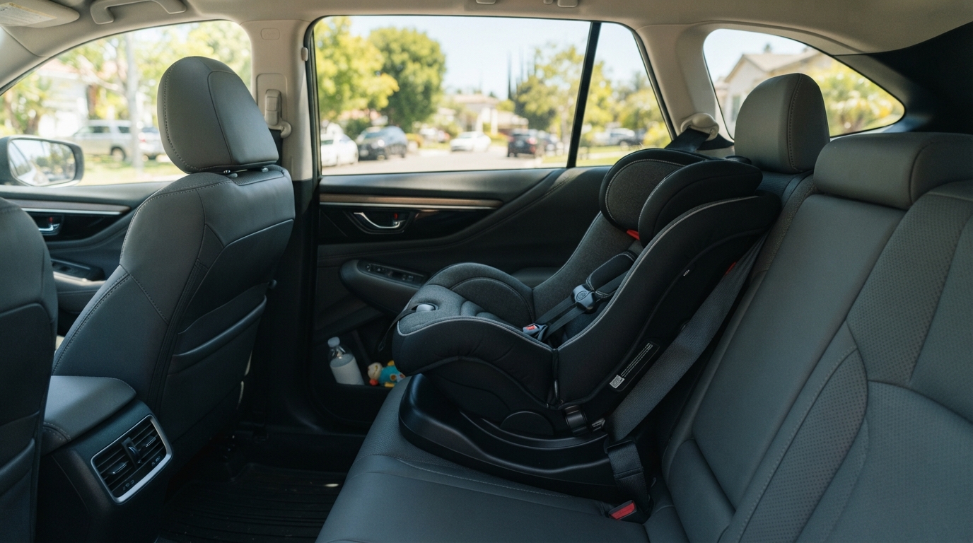Properly installed rear-facing child car seat in the back seat of a vehicle