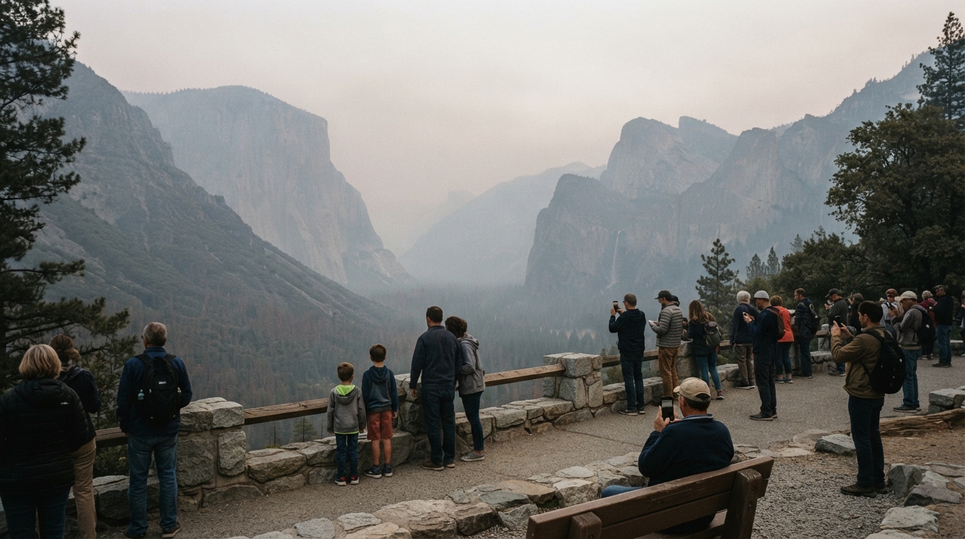 Smoke haze affecting visibility in Yosemite National Park during wildfire conditions