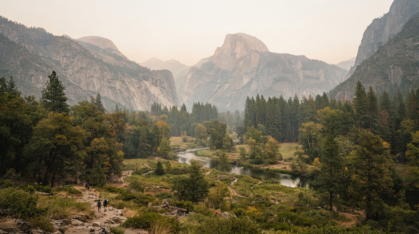 Yosemite National Park under light wildfire haze during the 2026 Dome Fire