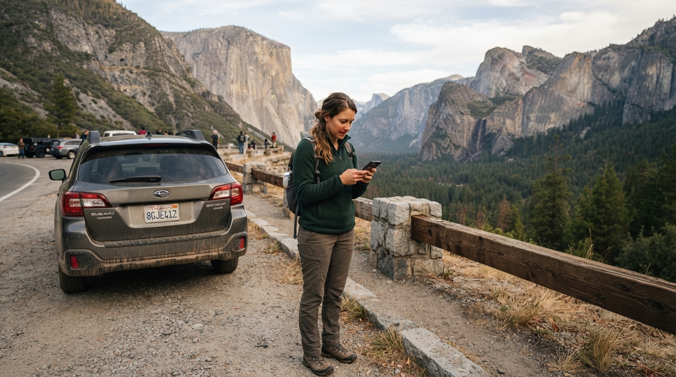 Yosemite visitor checking current road, trail, and wildfire conditions before continuing a trip