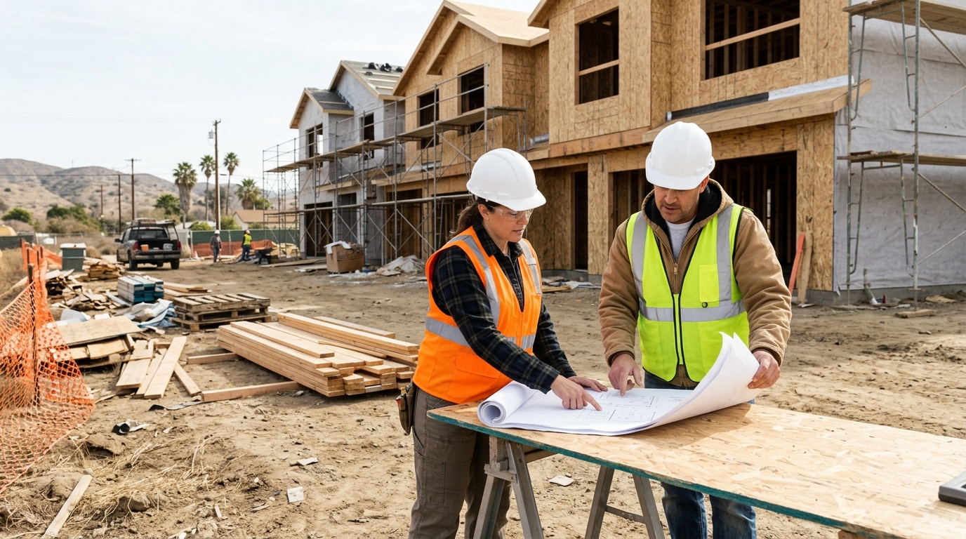 Construction professionals reviewing plans as California updates housing permit and approval processes